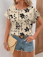 Women's Plants Print Batwing Sleeve Blouse, Casual Short Sleeve Floral Print Round Neck Top for Summer Daily Wear, Ladies Clo...