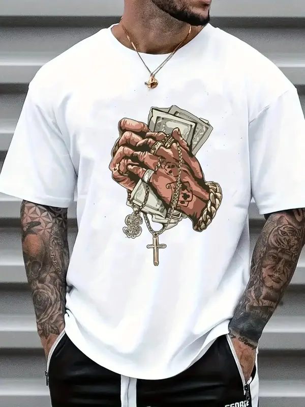 Men's Classic Graphic Print Crewneck Shortsleeve Tee, Regular Fit Round Neck Streetwear T-shirt, Summer Outfits, Men's T Sh...