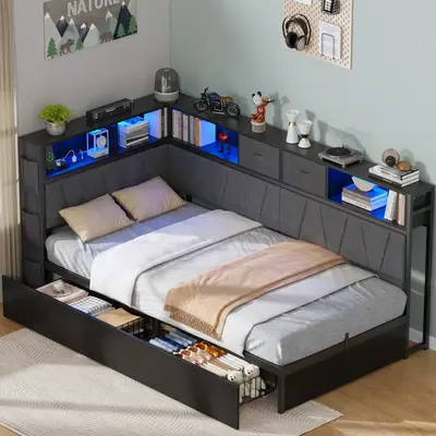 CollaredEagle Twin XL Corner Bed Frame with Storage Bookcase, Kids Bed Unit with Charging Station and LED Light, Twin Size Pl...