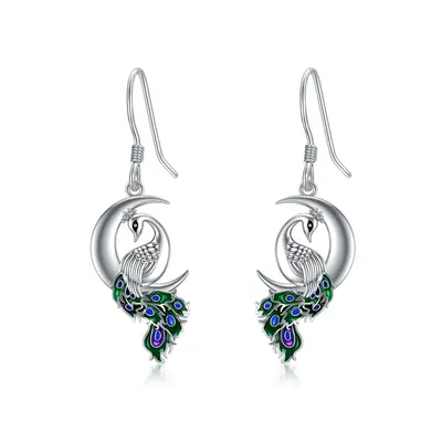 Sterling Silver Peacock & Moon Drop Earrings