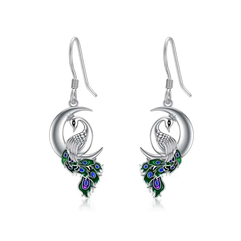 Sterling Silver Peacock & Moon Drop Earrings