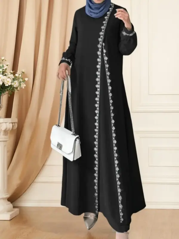 Women's Floral Embroidery Long Sleeve Dress, Modest Casual Round Neck Long Dress for Daily Wear, Ladies Clothes for All Seaso...