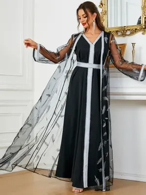 Women's Abaya & Arabic Dress Two-Piece Set, Feather Pattern Mesh Long Sleeve Abayas & V Neck Bow Back Decor Islamic Long Dres...
