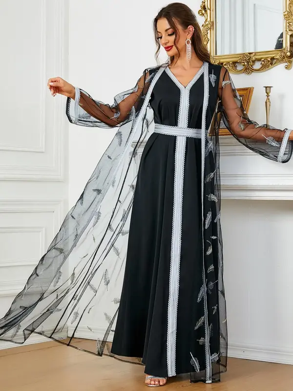 Women's Abaya & Arabic Dress Two-Piece Set, Feather Pattern Mesh Long Sleeve Abayas & V Neck Bow Back Decor Islamic Long Dres...