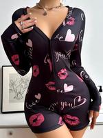 Women's Letter & Lip Kiss Print Button Front Sleep Onesie, Sexy Cute Casual Comfy Long Sleeve V Neck Sleep Romper for Daily W...