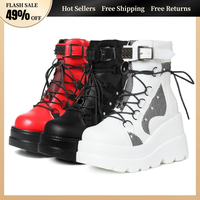 Platform Ankle Boots for Women Chunky High Heel Booties Goth Round Toe Combat Boots Women Lace Up Motorcycle Wedges