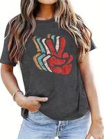 Women's Victory Gesture Print Round Neck Tee, Back To School Casual Short Sleeve T-shirt, Ladies Summer Tops for Daily Wear, ...