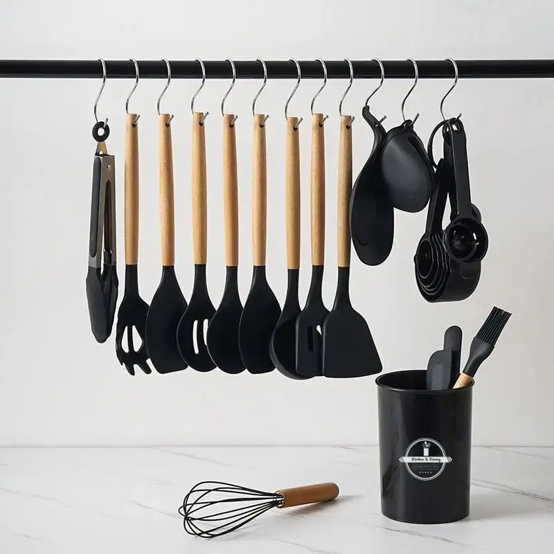 Silicone Kitchen Utensil Set, 20/44pcs/set Non-stick Wooden Handle Kitchen Cooking Utensil Set with Utensil Holder, Summer fo...