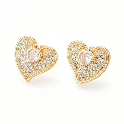 Heart Brass Pave Clear Cubic Zirconia Stud Earrings