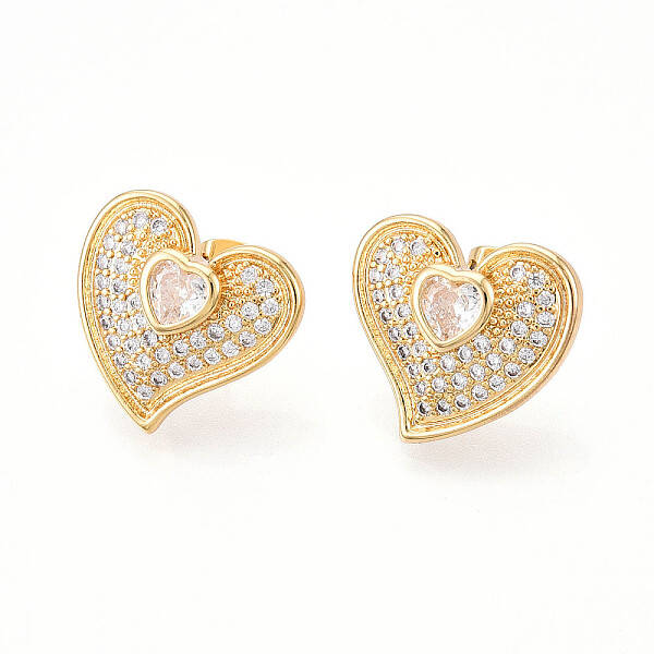 Heart Brass Pave Clear Cubic Zirconia Stud Earrings