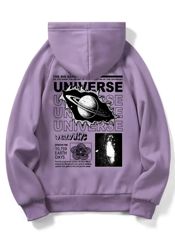 Unisex Planet Print Drawstring Pocket Essentials Hoodie, Loose Stylish Raglan Sleeve Hooded Sweatshirt for Fall & Winter, Com...