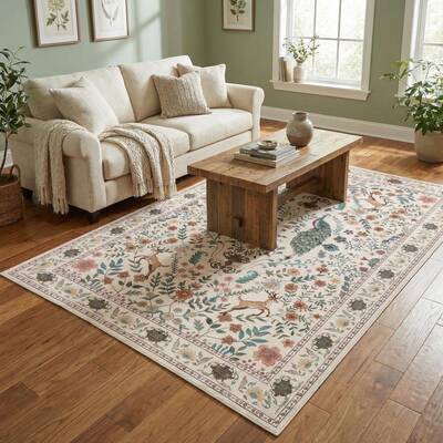 Garvee Floral 5x7 Area Rugs Washable Soft Indoor Non-Slip Low Pile Accent Rug Beige for Living Room Bedroom Nursery