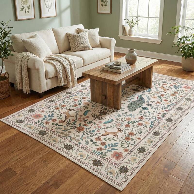 Garvee Floral 5x7 Area Rugs Washable Soft Indoor Non-Slip Low Pile Accent Rug Beige for Living Room Bedroom Nursery