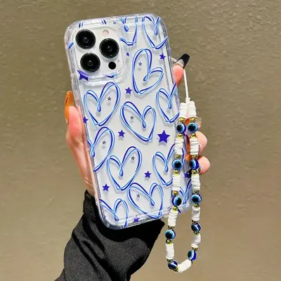 Heart Pattern Phone Case with Beaded Chain for Summer, Shockproof Phone Protector Cover, Phone Cases for iPhone 7 8 11 12 13 ...