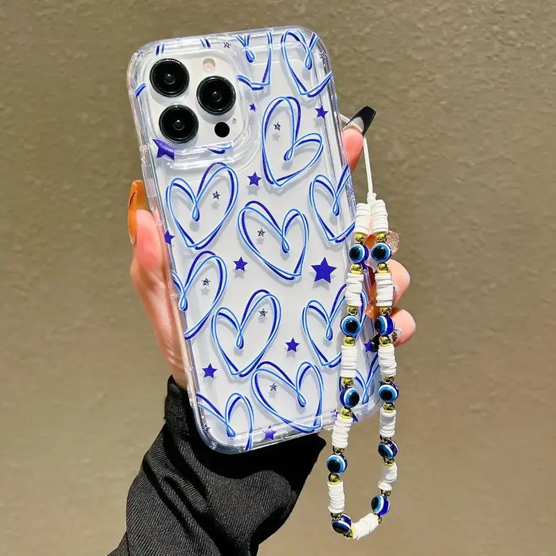 Heart Pattern Phone Case with Beaded Chain for Summer, Shockproof Phone Protector Cover, Phone Cases for iPhone 7 8 11 12 13 ...