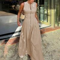 A-Line Loose Pleated Pockets Split-Joint Zipper Round-Neck Maxi Dresses