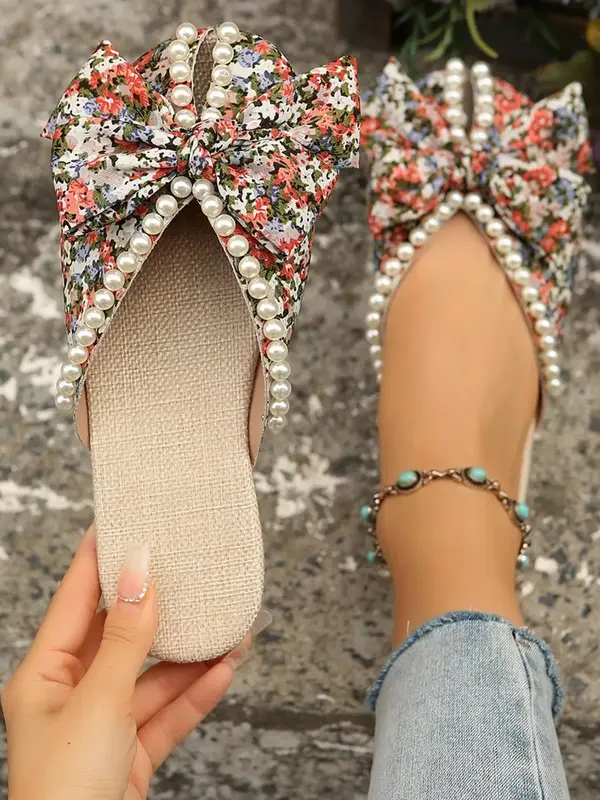 2024 Summer Faux Pearl Decorated Bowknot Design Sandals, Fashionable Ditsy Floral Pattern Slide Walking Shoes, Cute Lightweig...