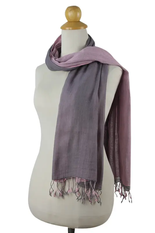 NOVICA Grey Pink Duet Hand-woven 2-in-1 Cotton Reversible Scarf