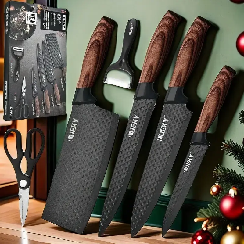 6-Piece Kitchen Knife Set, Ergonomic Wood Handles, Dishwasher Safe Stainless Steel Knives - Chef Knife, Cleaver, Paring Knife...
