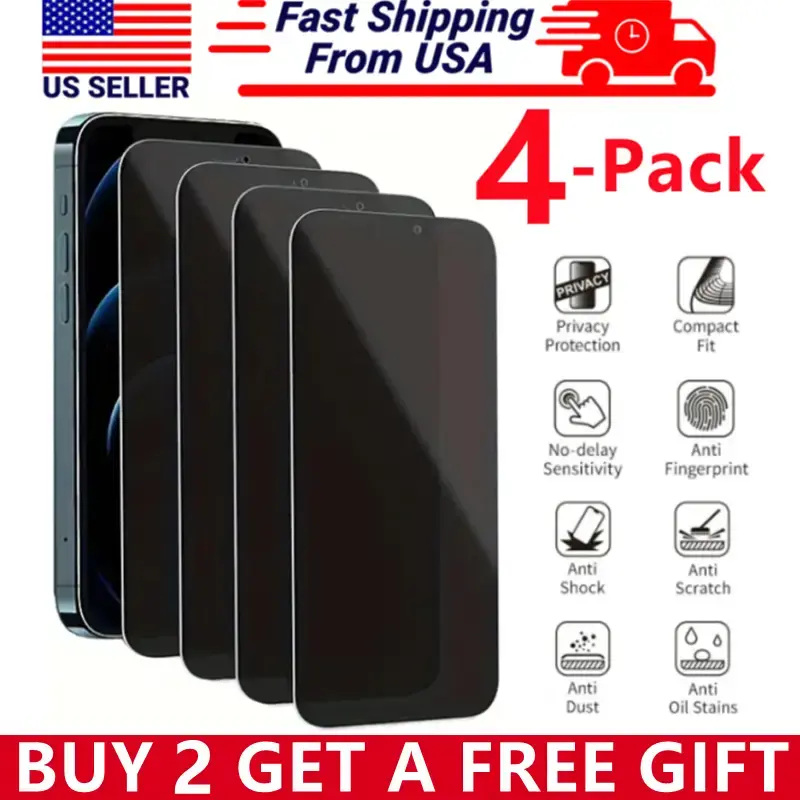 4 Pcs Privacy Screen Protector for iPhone 16 Pro Max Plus 15 14 13 12 11 XR XS MAX 8 7 6, 9H Anti Spy Private Tempered Glass ...