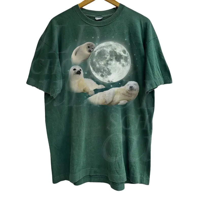 Three Baby Seal Vintage Graphic T-shirts, Retro Sea Dog Moon Tshirt, Relaxed Washed Unisex Adult Tee, Seal Lovers, Cute Sea D...