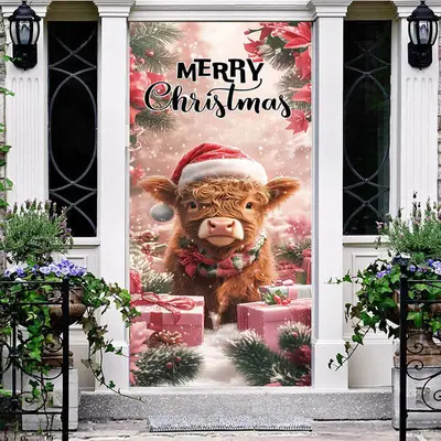 Snowy Red Poinsettia Gifts Cow Christmas Door Cover - Aperturee