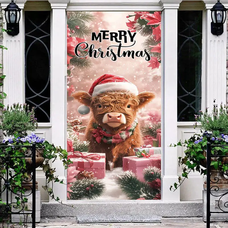 Snowy Red Poinsettia Gifts Cow Christmas Door Cover - Aperturee