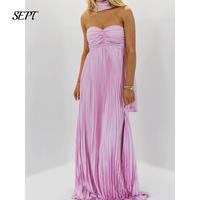 Women Y2k Tube Strapless Pleated Maxi Dress with Scarf Maternity Silk Satin Formal Cocktail Ruffle Flowy Dresses