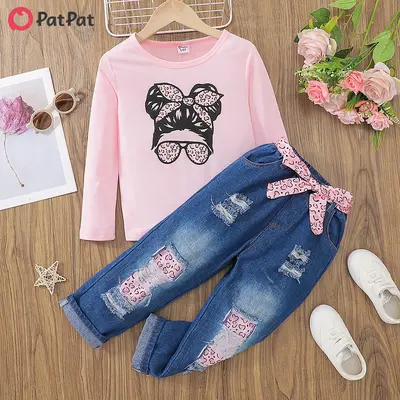 PatPat 2pcs Kid Girl Figure Print Long-sleeve Pink Tee and Belted Ripped Denim Jeans Set