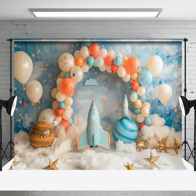Aperturee Blue White Arch Balloons Galaxy Cake Smash Backdrop, 3X2FT(1MX0.6M), 14 USD, birthday cake smash backdrops, NYHD2I1...