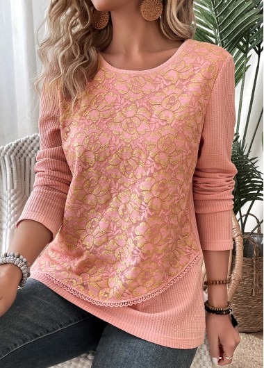 Modlily Dusty Pink Layered Long Sleeve Round Neck T Shirt - L