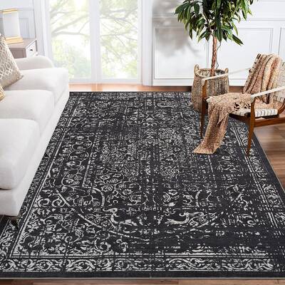 Garvee Area Rug 8x10 Washable Black Vintage Traditional Floor Cover Thin Non Slip Floral Print Mat for Living Room Bedroom Di...