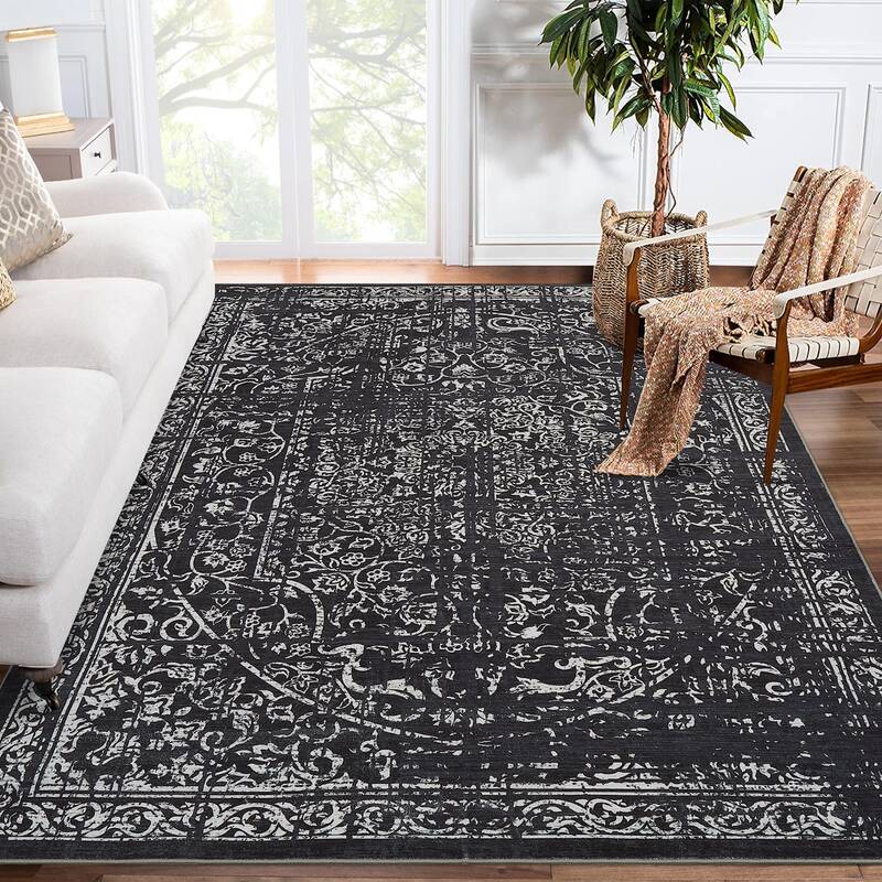 Garvee Area Rug 8x10 Washable Black Vintage Traditional Floor Cover Thin Non Slip Floral Print Mat for Living Room Bedroom Di...
