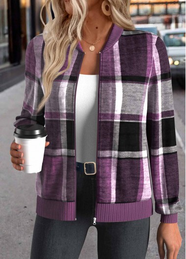Modlily Purple Zipper Plaid Long Sleeve Stand Collar Jacket - S