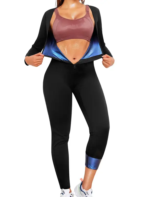 Women's Solid Zip Up Sauna Sports Jumpsuit, Sporty Long Sleeve Square Neck Jumpsuit for Yoga Gym Workout, Ladies Sportswear f...