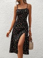 Women's All Over Print Split Thigh Vintage Cami Dress, Boho Adjustable Spaghetti Strap Bodycon Midi Dress for Beach Holiday ...