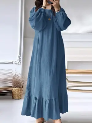Women's Solid Textured Belted Ruffle Hem Arabian Dress, Casual Bishop Sleeve Round Neck Ruffle Hem Flowy Long Dress for Fall ...