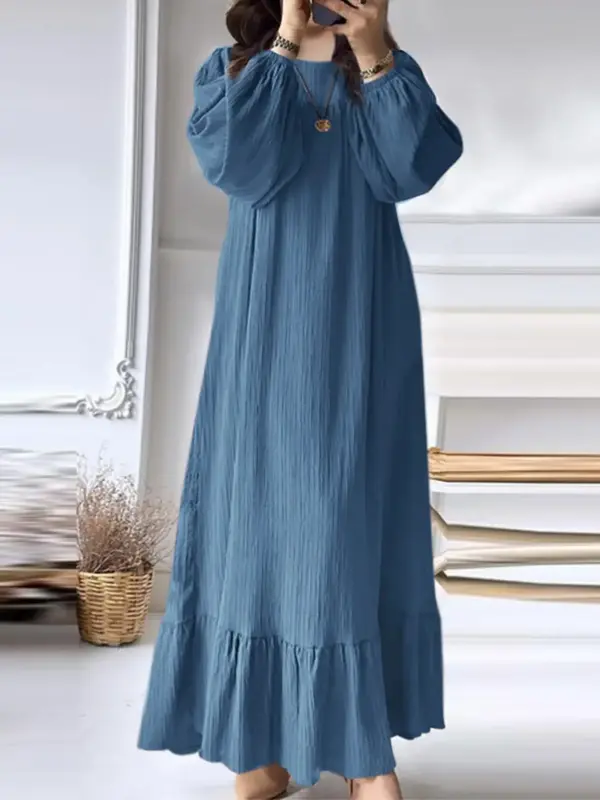 Women's Solid Textured Belted Ruffle Hem Arabian Dress, Casual Bishop Sleeve Round Neck Ruffle Hem Flowy Long Dress for Fall ...