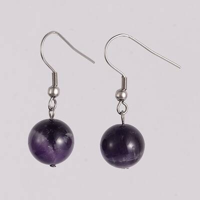 Round 304 Stainless Steel Natural Amethyst Dangle Earrings