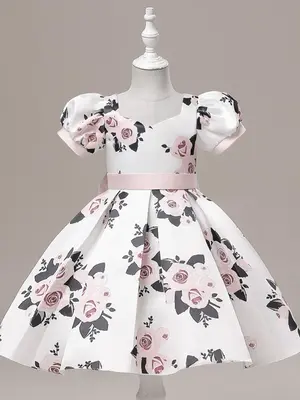 Girl's Floral Print Puff Sleeve Satin Pleated Dress With Bow Back Design, Sweetheart Neck Princess Dress For Party Holiday Va...