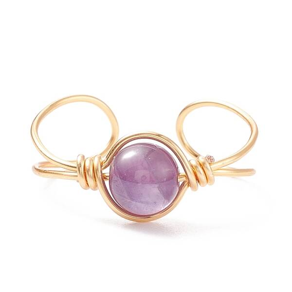 Natural Amethyst Round Beaded Open Cuff Ring