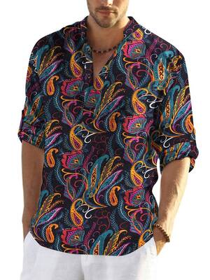 Cotton Linen Floral Henley Shirt (US Only), Black / XXXL