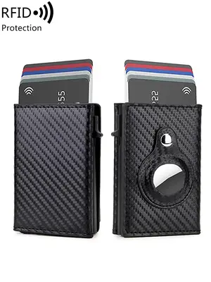 Men's RFID Blocking Minimalist Wallet, Aluminum Automatic Pop-up Trifold Card Holder, Carbon Fiber Anti-theft Coin Pocket wit...