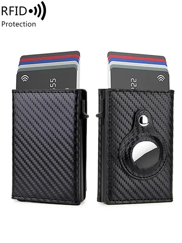 Men's RFID Blocking Minimalist Wallet, Aluminum Automatic Pop-up Trifold Card Holder, Carbon Fiber Anti-theft Coin Pocket wit...