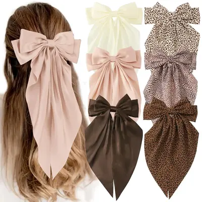 Solid Color Bow Decor Hair Clip (6 Counts/set), Satin Bows for Women Girls, Large Size Hair Ribbon, Hair Accessories for Wome...