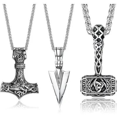 Jstyle 3count Men's Necklace Viking Stainless Steel Thor Hammer Triangle Spearpoint Arrowhead Mjolnir Pendant Chain Necklace ...