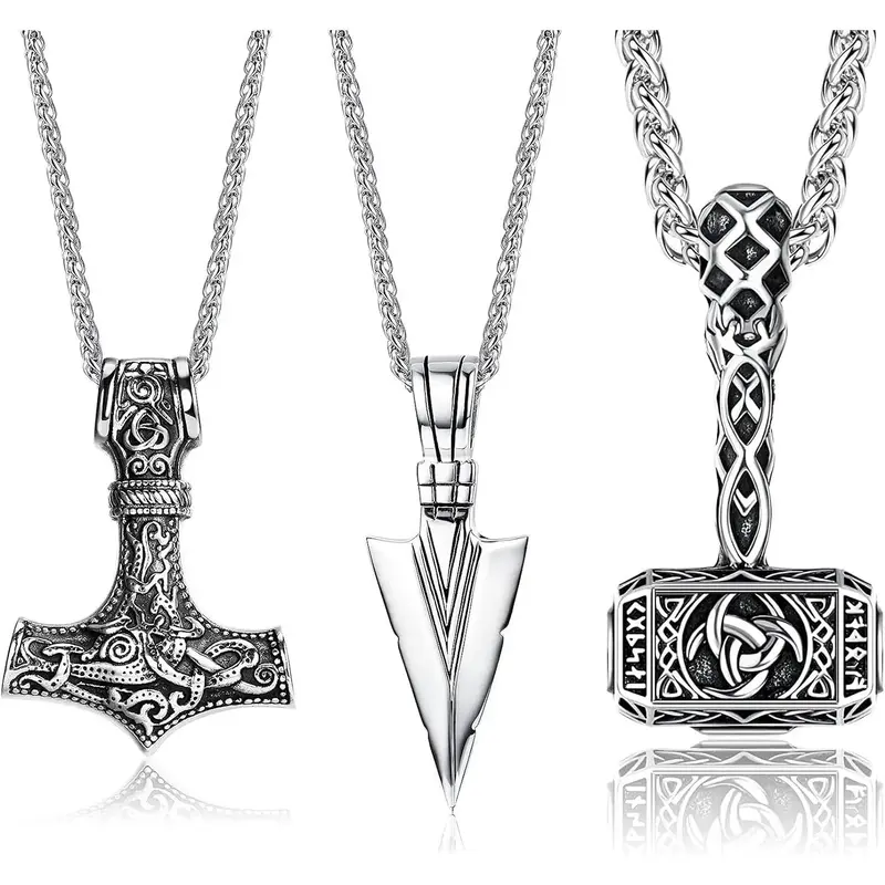 Jstyle 3count Men's Necklace Viking Stainless Steel Thor Hammer Triangle Spearpoint Arrowhead Mjolnir Pendant Chain Necklace ...