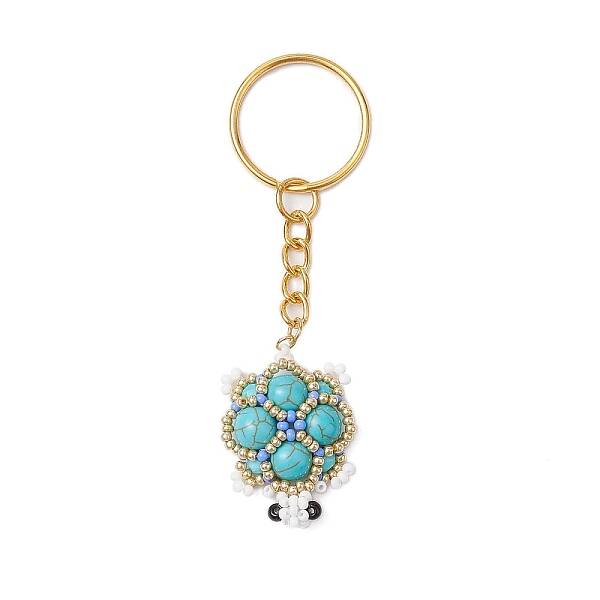 Handmade Glass Seed Beads & Synthetic Turquoise Turtle Pendant Keychain