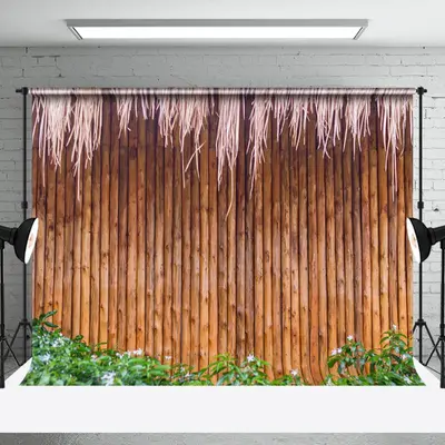 Pink Floral Dark Bamboo With Grass Wood Wall Backdrop - Aperturee
