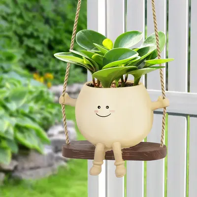 Cute Hanging Plant Pot with Smiley Face Design, High-Quality Resin, Drainage Holes, Perfect for Indoor & Outdoor Decoration, ...